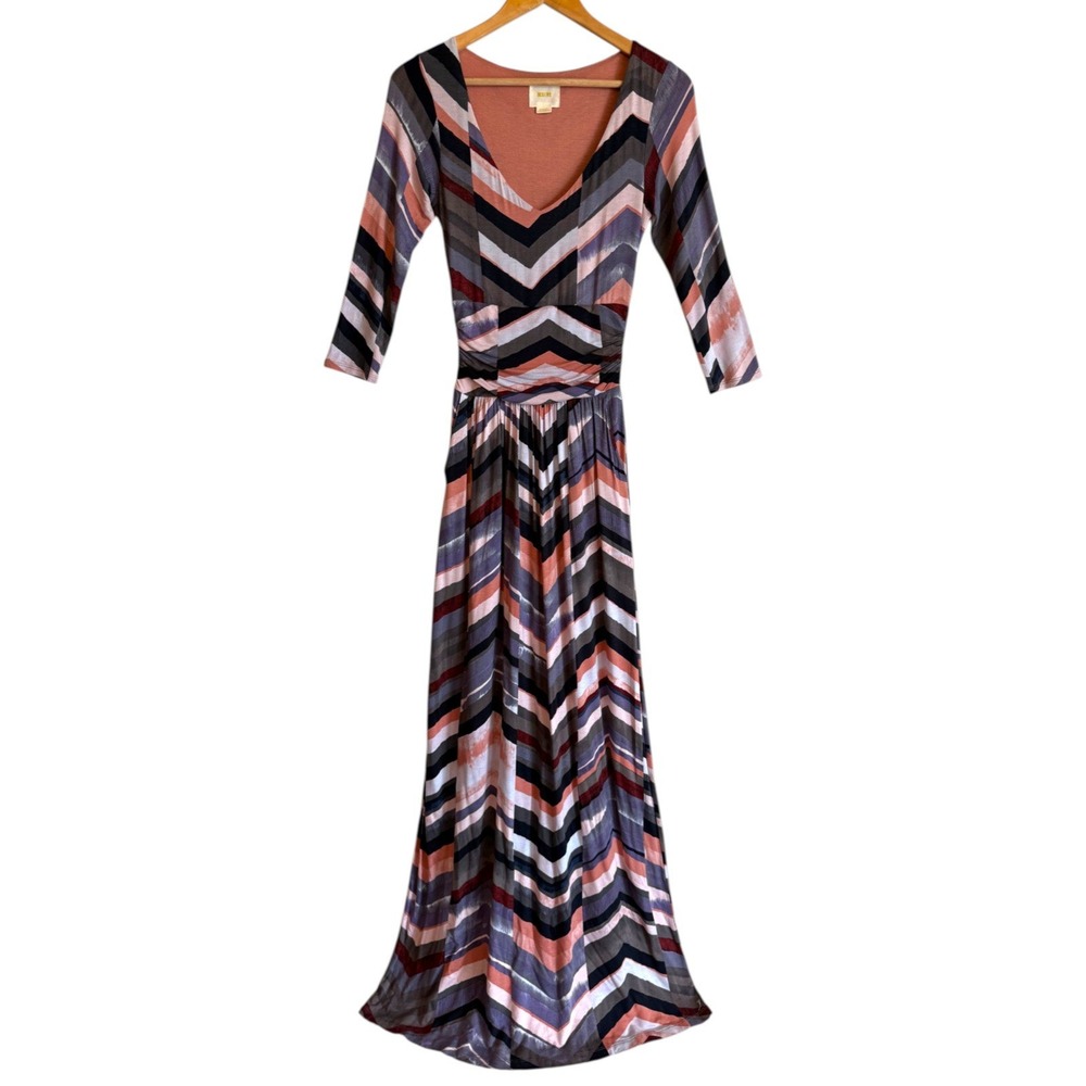 Maeve Anthropologie Novela Maxi Dress XS Chevron Boho Ruched Stretch Pockets